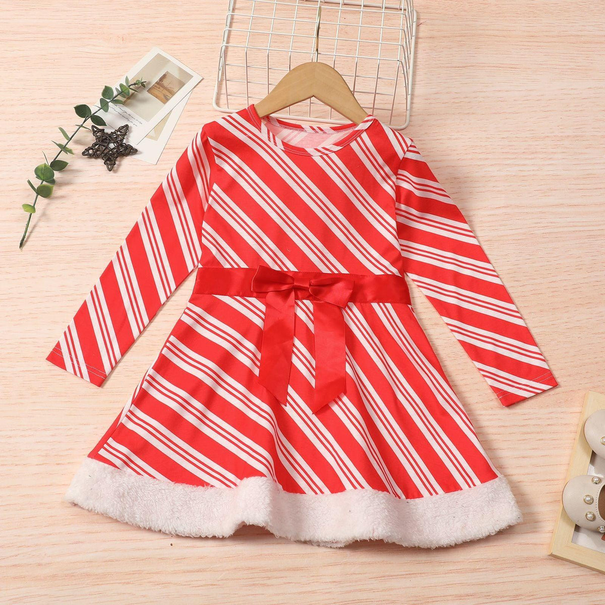 Toddler Kids Girls Striped Christmas Long Sleeve Dress Best Wholesale Childrens Clothing - PrettyKid