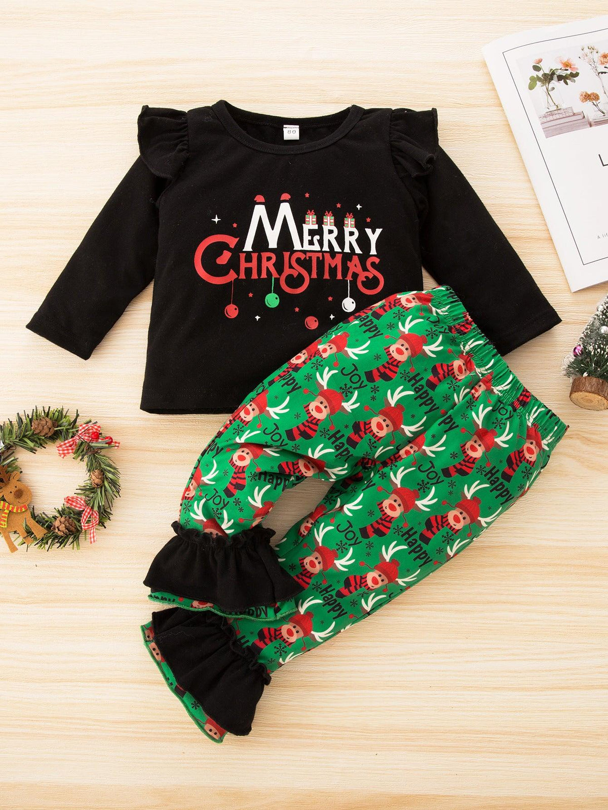 Toddler Girls' Long Sleeve Alphabet Printed Christmas Suit - PrettyKid