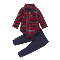 Baby Boys Plaid Print Bow Tie Gentleman Jumpsuit Solid Color Pants Set - PrettyKid