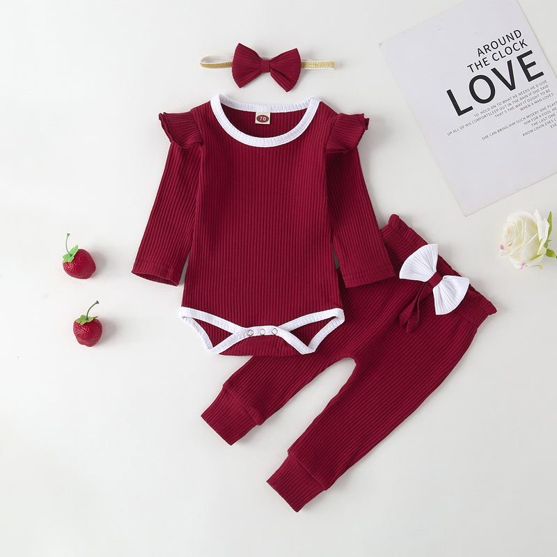 Baby Girls Solid Cotton Bow Jumpsuit Pants Three Piece Set - PrettyKid