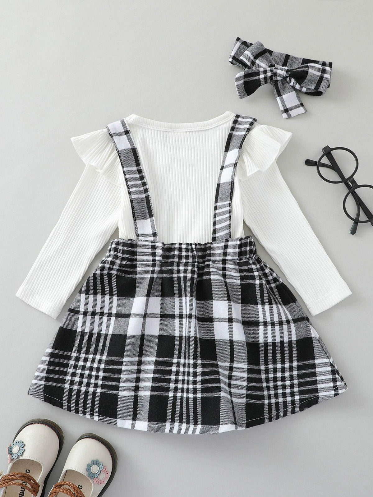 Baby Girls White Long Sleeved Jumpsuit Plaid Strap Skirt Set - PrettyKid