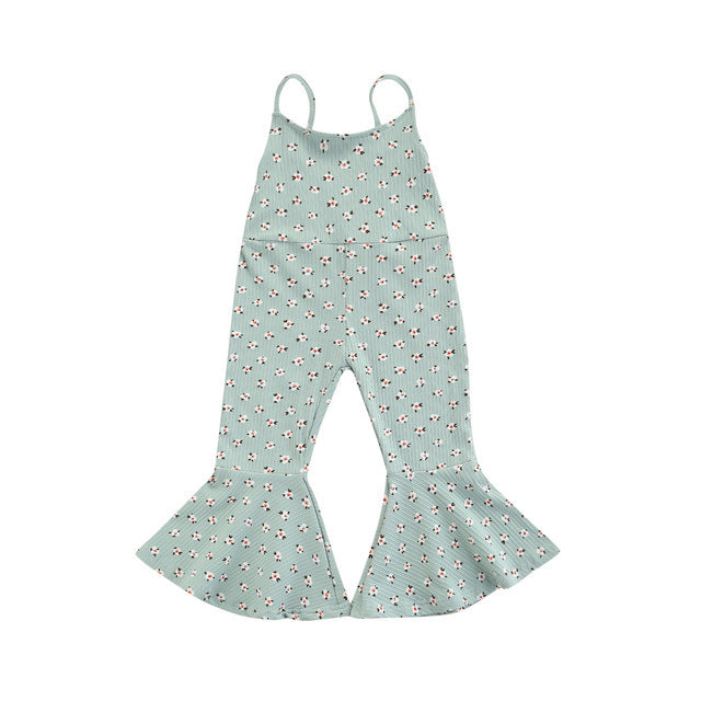 Toddler Kids Girls Solid Color Floral Print Flared Jumpsuit - PrettyKid