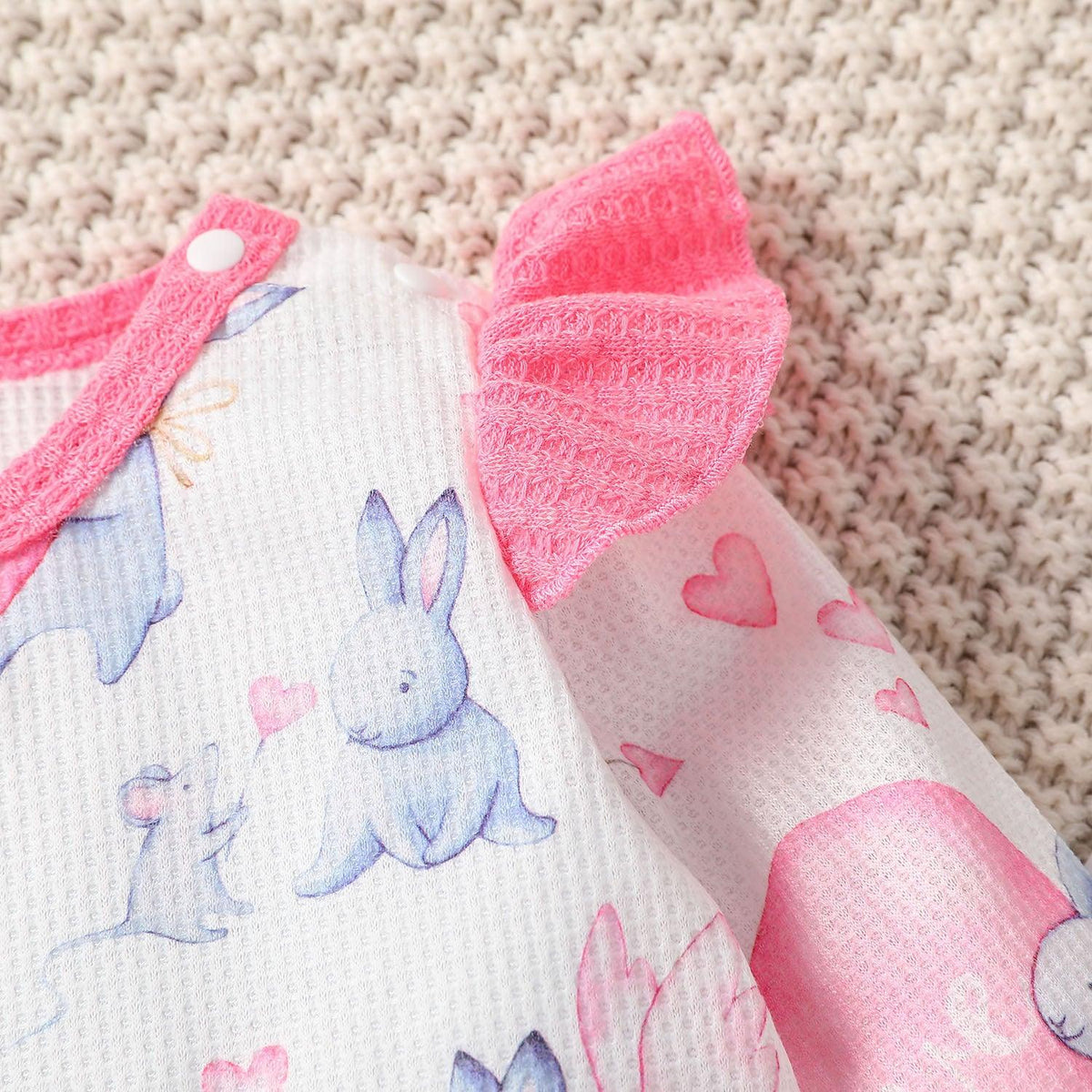 Baby Girls Cute Rabbit Print Long-sleeved Jumpsuit Solid Color Bow Flared Pants Set - PrettyKid