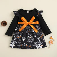 Baby Girls Halloween Pumpkin Print Long Sleeve Dress - PrettyKid