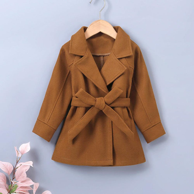 Toddler Kids Girls Autumn Solid Color Lapel Bow Tie Long Windbreaker Coat - PrettyKid