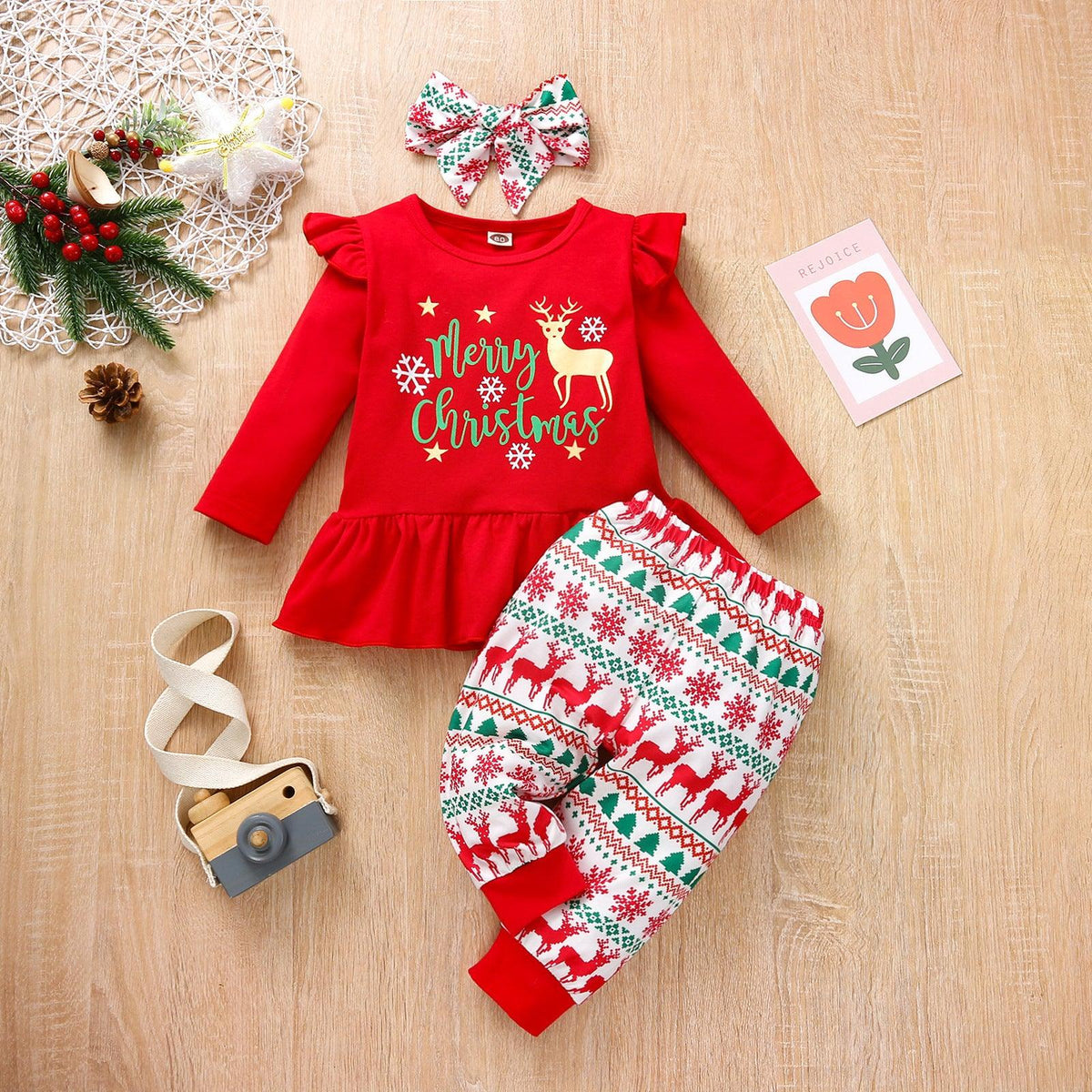 Girls Cute Cartoon Christmas Printed Long Sleeved Top Long Pants Hair Accessories Set - PrettyKid