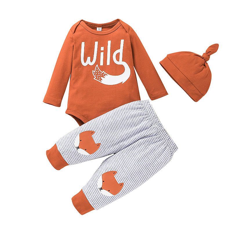 Baby Boys Girls Cute Fox Print Set Solid Color Letter Jumpsuit Striped Pants Two Pieces - PrettyKid