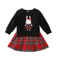 Toddler Girls Solid Color Cartoon Rabbit Print Patchwork Plaid Dress - PrettyKid