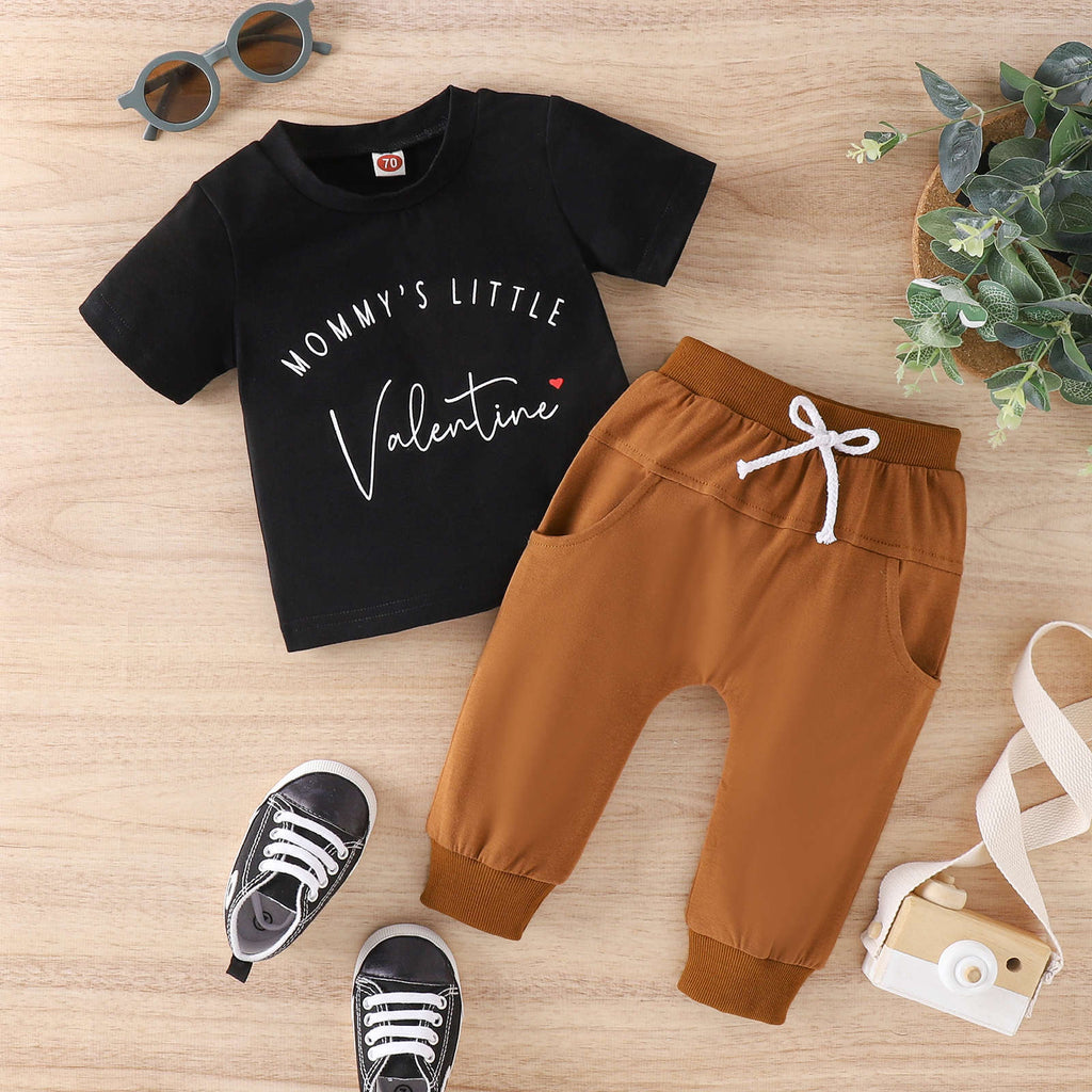 Valentine's Day Spring and Summer Letter Printing T-shirt Pants Fashion Men's Treasure Baby Set - PrettyKid