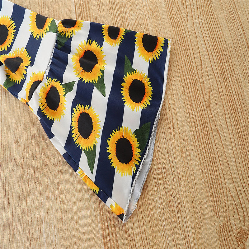 Toddler Kids Girls Solid Letter Top Stripe Sunflower Flared Pants Set - PrettyKid