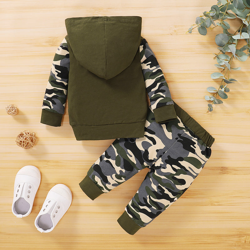 Toddler Boys Camouflage Letter Printed Long Sleeve Hooded Sweater Set - PrettyKid