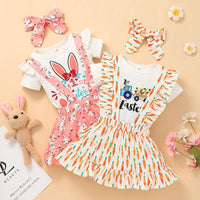 Baby Girl Solid Color Lovely Rabbit Short Sleeve One-piece Dress Printed Suspender Skirt Set - PrettyKid