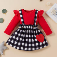 Toddler Kids Girl Red Round Neck Long Sleeve Top Plaid Love Printed Suspender Skirt Set - PrettyKid