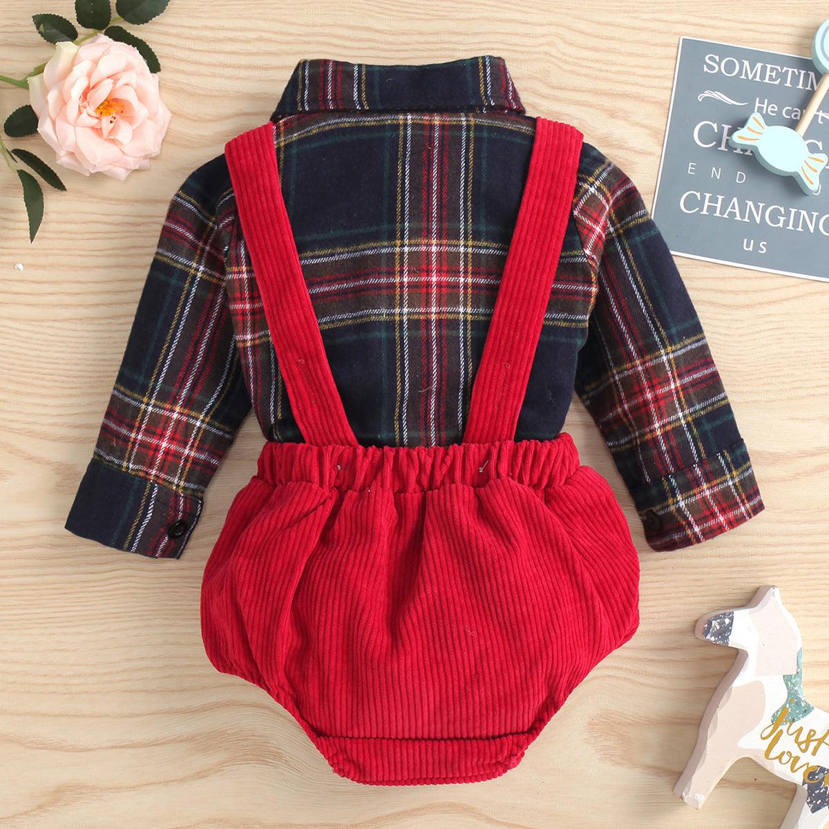 Toddler Boys' Plaid Printed Long Sleeve Shirt Solid Color Suspender Set - PrettyKid