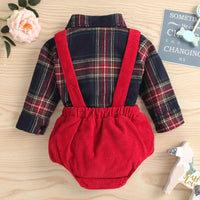 Toddler Boys' Plaid Printed Long Sleeve Shirt Solid Color Suspender Set - PrettyKid