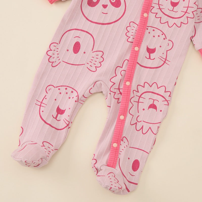 Baby Girls Pink Cartoon Panda Long Sleeved Foot Wrap Bodysuit Hat Two Piece Set - PrettyKid