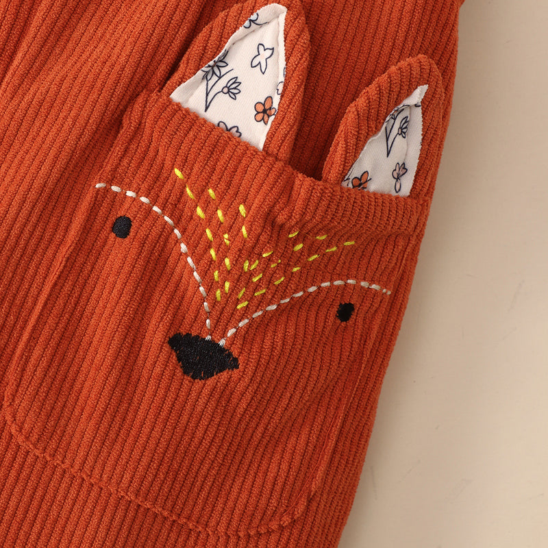 Toddler Kids Girl Floral Print Top Cartoon Fox Embroidery Pocket Corduroy Backpack Pants Set - PrettyKid
