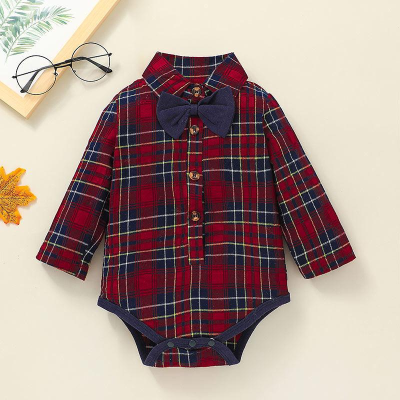 Baby Boys Plaid Print Bow Tie Gentleman Jumpsuit Solid Color Pants Set - PrettyKid