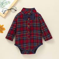 Baby Boys Plaid Print Bow Tie Gentleman Jumpsuit Solid Color Pants Set - PrettyKid