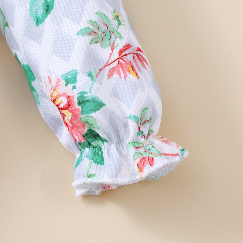 Baby Girls Flower Print Flounce Stitching V-Neck Long Sleeve Jumpsuit Headband Set - PrettyKid