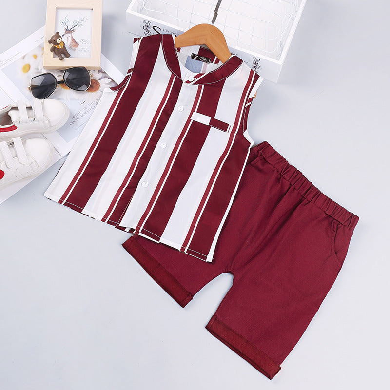 Toddler Kids Sleeveless Striped Shirt Solid Shorts Set - PrettyKid