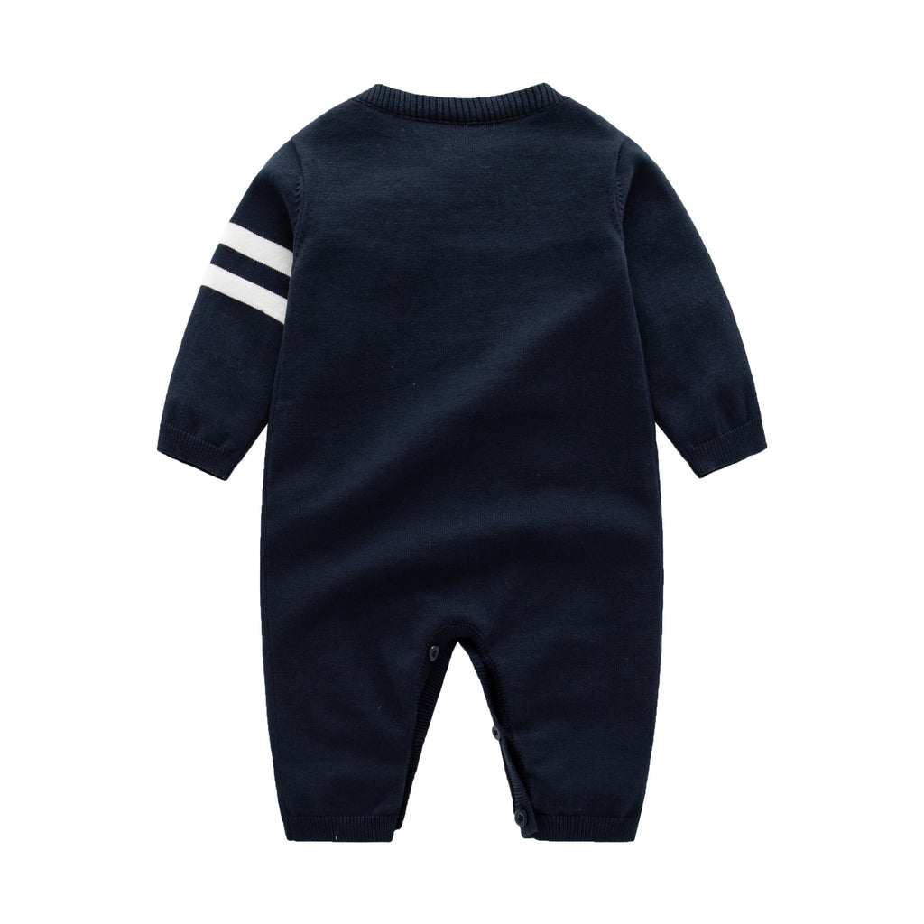 Baby Boys Solid Letter Embroidery Round Neck Button Down Knit Romper - PrettyKid