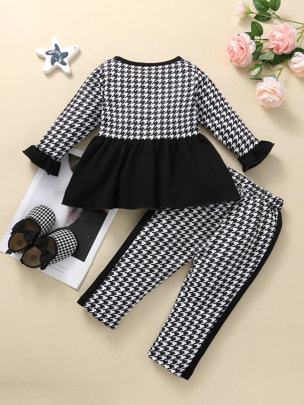 Toddler Girls Long Sleeve Thousand Bird Check Trumpet Sleeve Pullover Trousers Set - PrettyKid