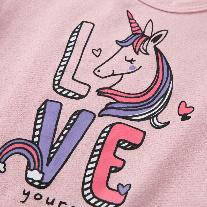 Toddler Girls Solid Letter Unicorn Print Short Sleeve T-shirt Denim Shorts Set - PrettyKid