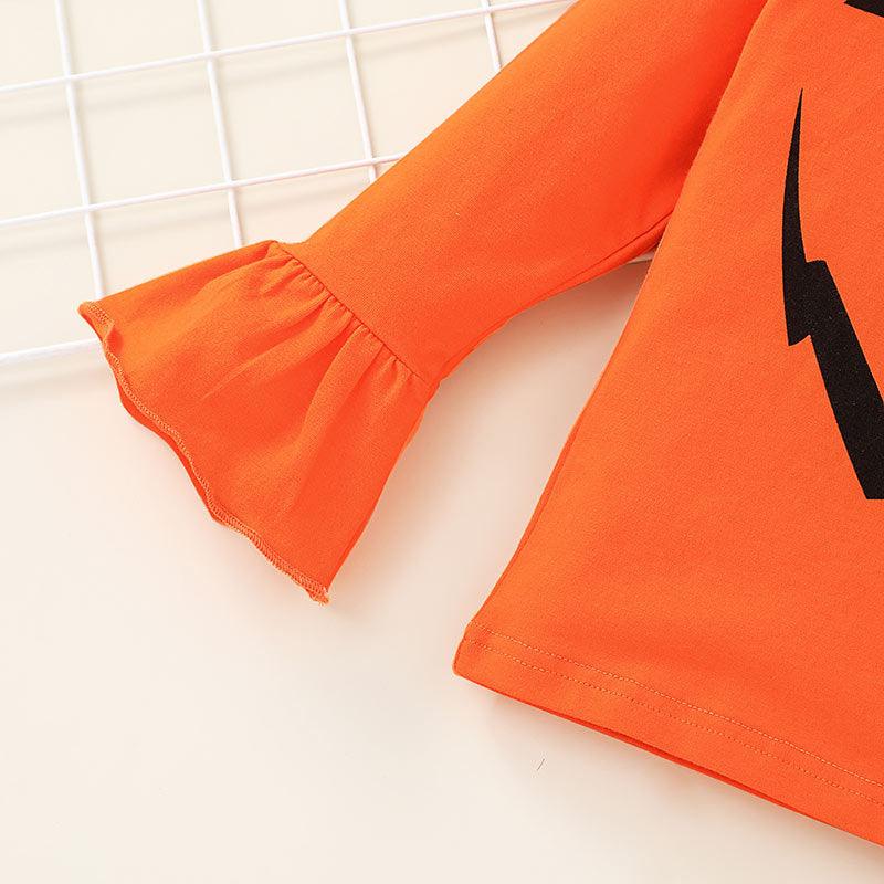 Toddler Kids Girls Halloween Pumpkin Print T-Shirt Striped Flared Pants Set Wholesale Childrens Clothing Online - PrettyKid