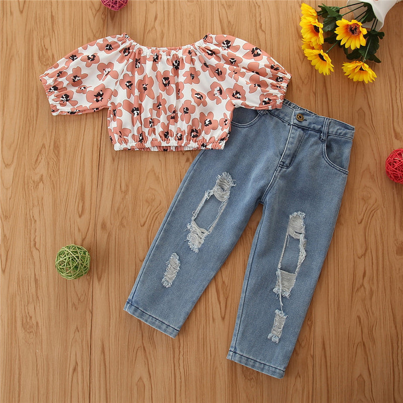 Toddler Kids Girls Printed Short-sleeved Top Jeans Suit Cheap Wholesale Children's Boutique Clothing - PrettyKid