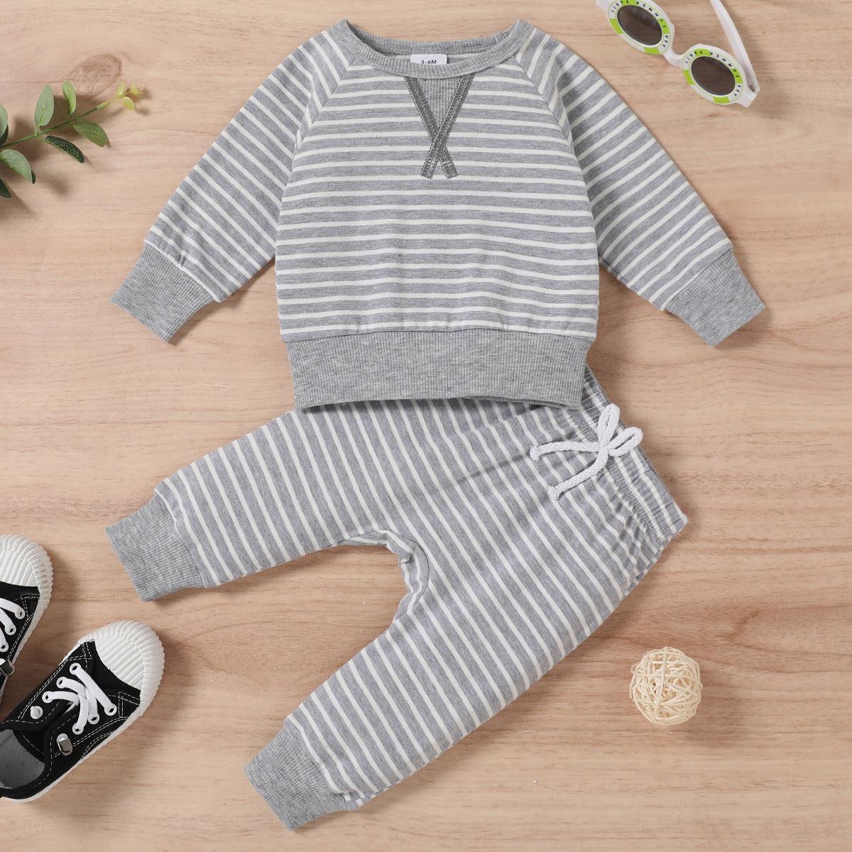 Toddler Kids Boys Girls Striped Round Neck Long Sleeve Pajama Suit - PrettyKid