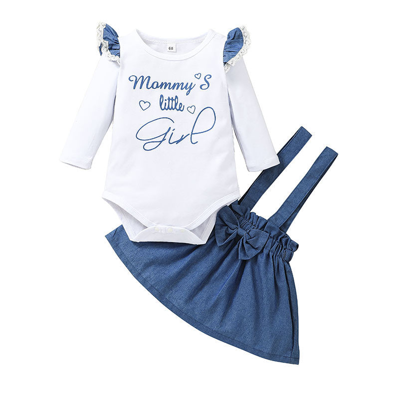 Baby Mommy‘s Little Girls Alphabet Print Solid Color Jumpsuit Straps Skirt Set - PrettyKid