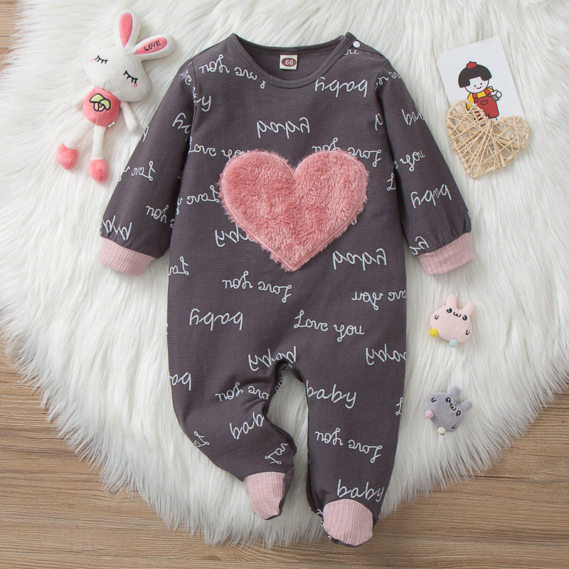Baby Boys Girls Solid Plush Love Letter Printed Long Sleeve Jumpsuit - PrettyKid