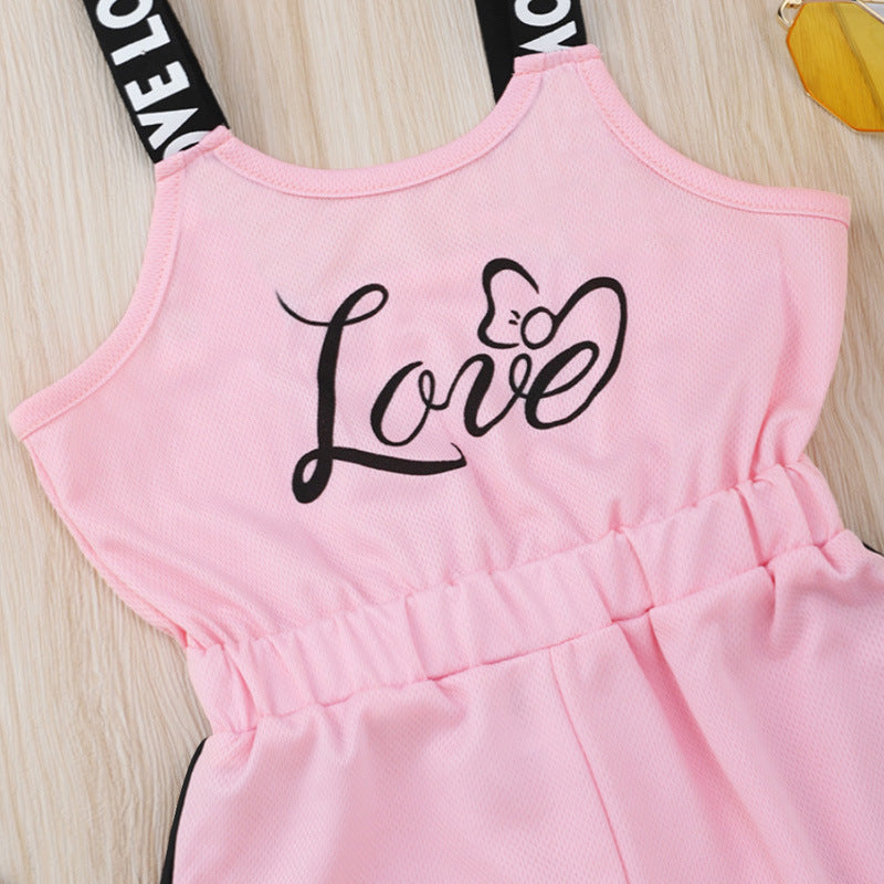 Toddler Kids Girls Summer Pink Letter Printed Suspender Jumpsuit - PrettyKid
