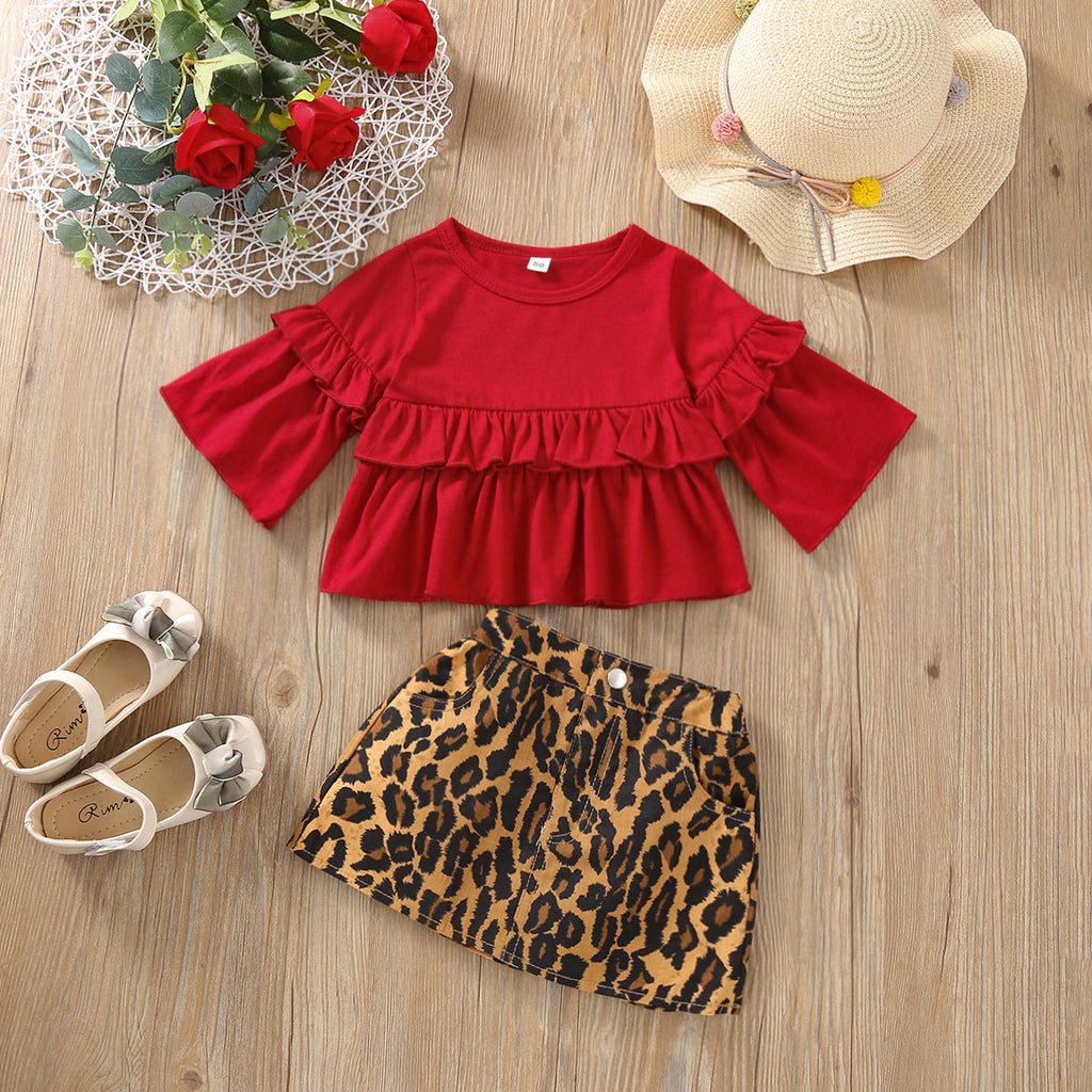 Toddler Kids Trumpet Sleeve Ruffle Lace Top Leopard Skirt Set - PrettyKid