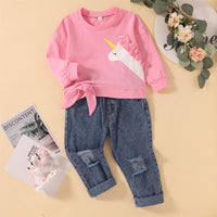 Toddler Girls Pink Long Sleeve Unicorn Top Denim Pants Set - PrettyKid