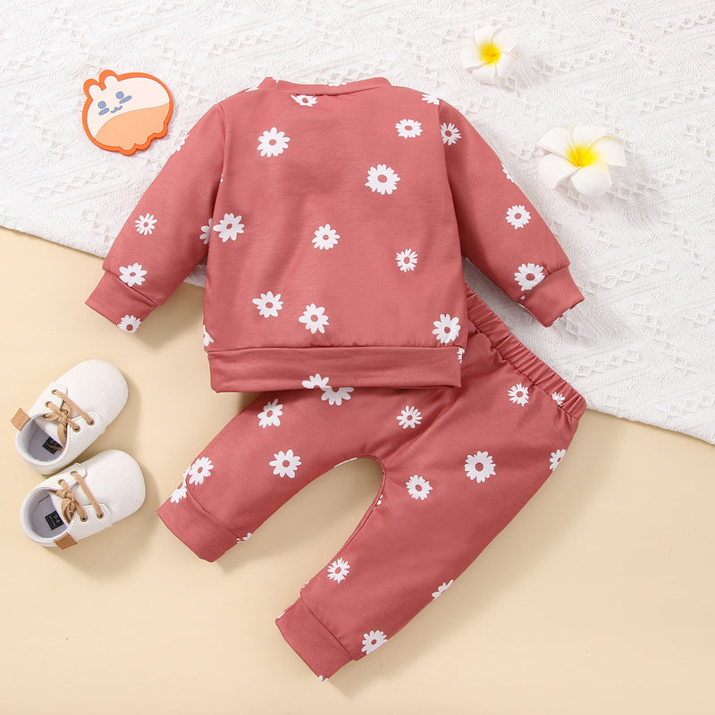 Toddler Girls' Solid Color Daisy Print Long Sleeve Sweater Set - PrettyKid