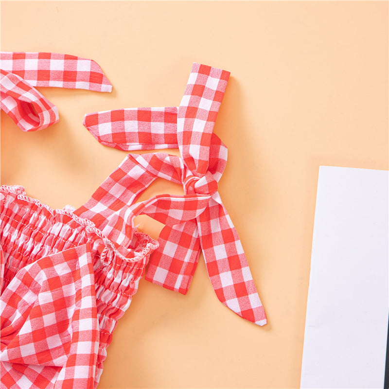 Toddler Kids Girls Plaid Printed Bow Suspender Top Solid Denim Shorts Set - PrettyKid