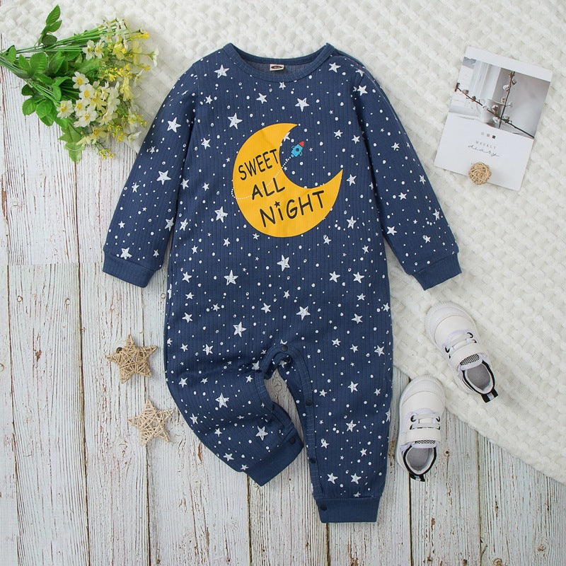 Baby Boys Solid Star Moon Printed Long Sleeve Jumpsuit - PrettyKid
