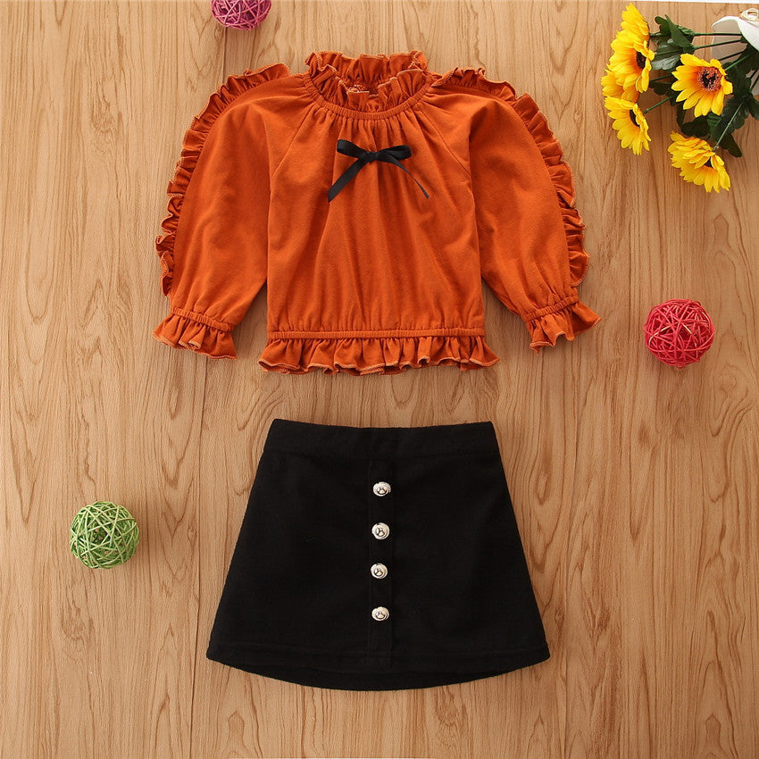 2021 Girl Korean Ins Solid Spring Dress Girl Lace Top Skirt Two-piece Set Wholesale - PrettyKid