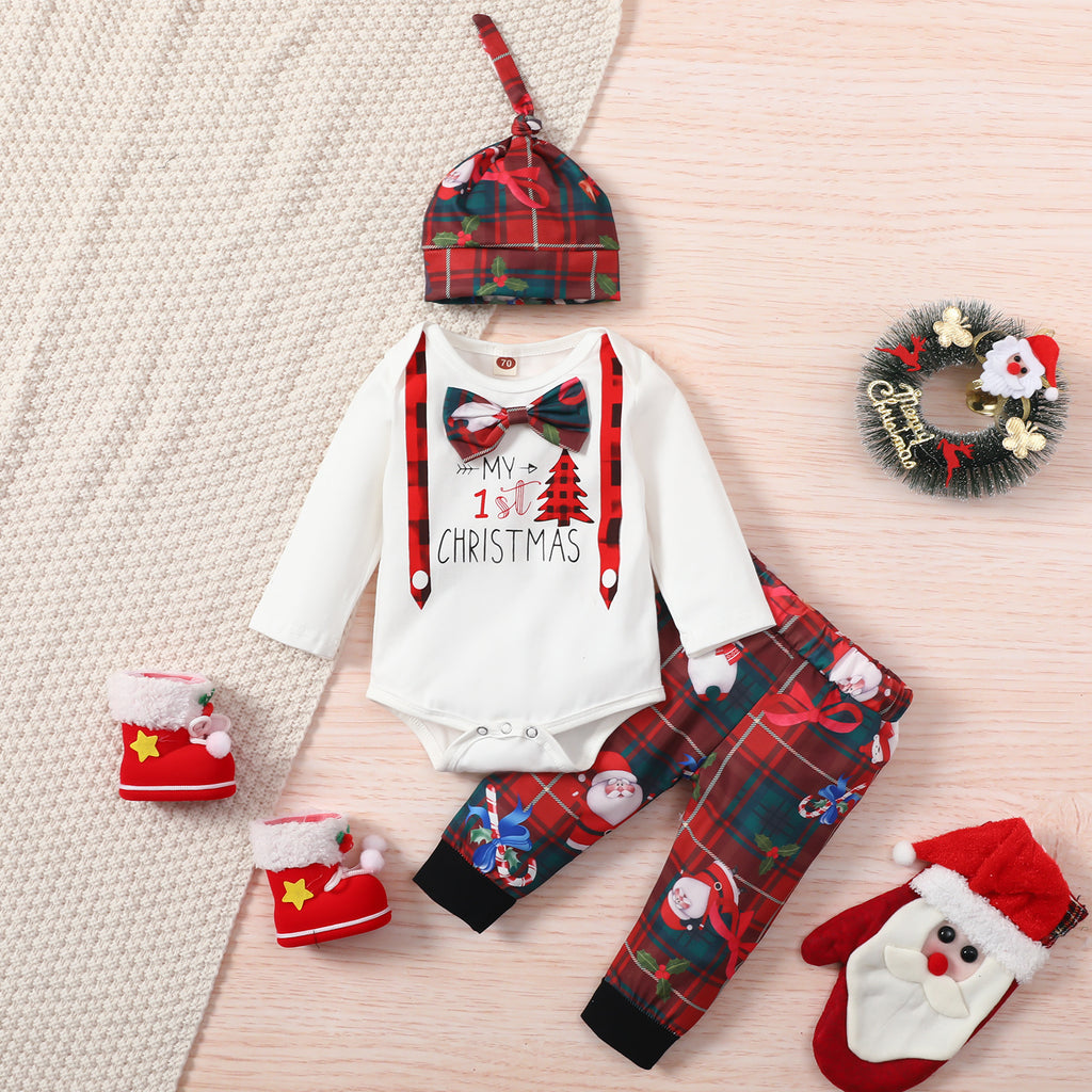 Baby Boys Long Sleeve Plaid Printed Bow Tie Jumpsuit Trousers Christmas Suit - PrettyKid