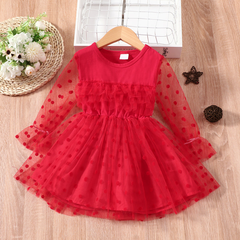 Toddler Girls Solid Dot Lace Mesh Dress - PrettyKid