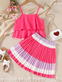 Spring and Summer Rose Belt Top Pleated Cake Skirt Girls Suit