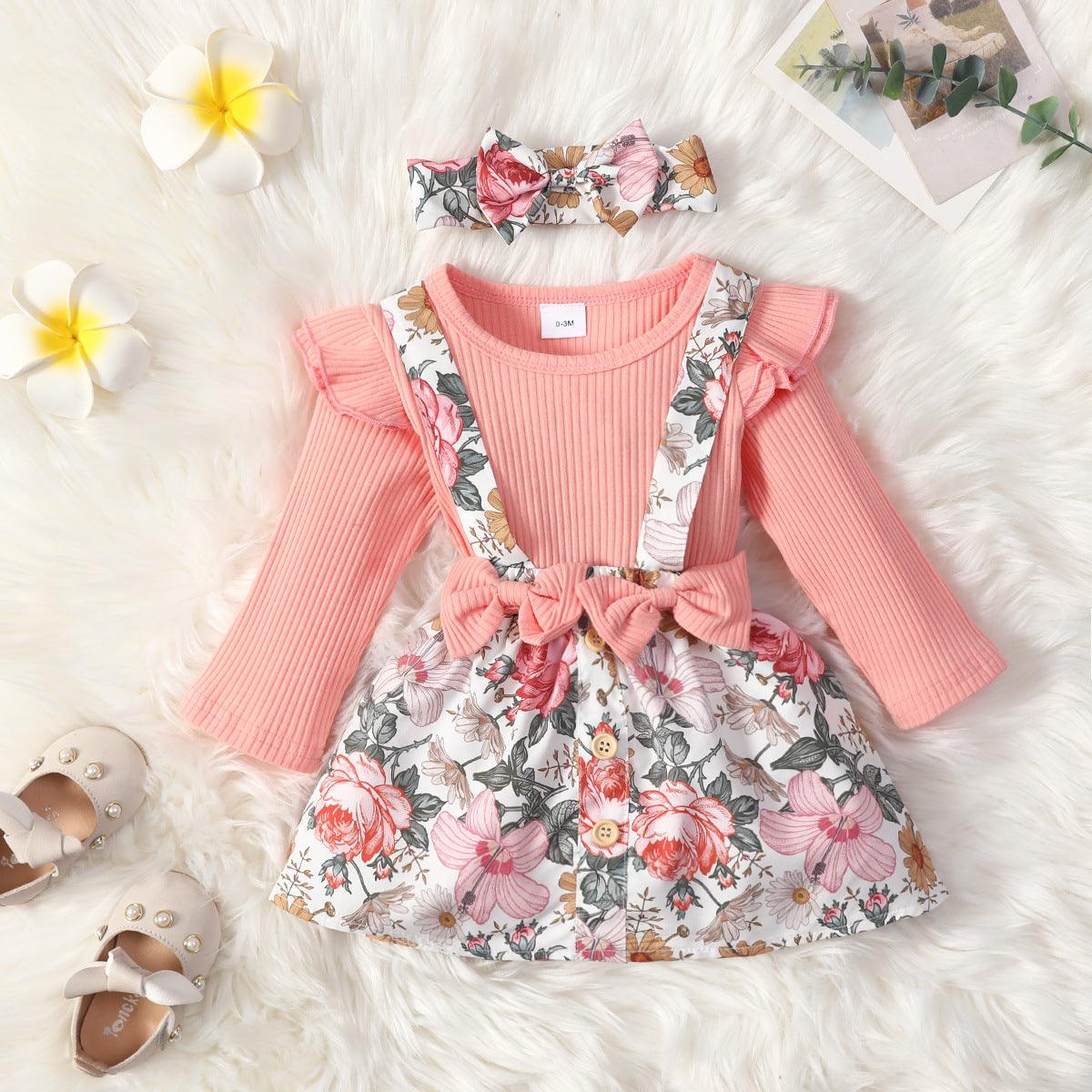 Baby Girls Solid Color Long Sleeve Jumpsuit Flower Print Suspender Skirt Bow Set - PrettyKid