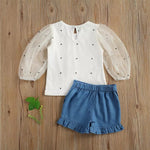 Toddler kids girls dot printed lace bubble sleeve jacket ruffled shorts two-piece set - PrettyKid