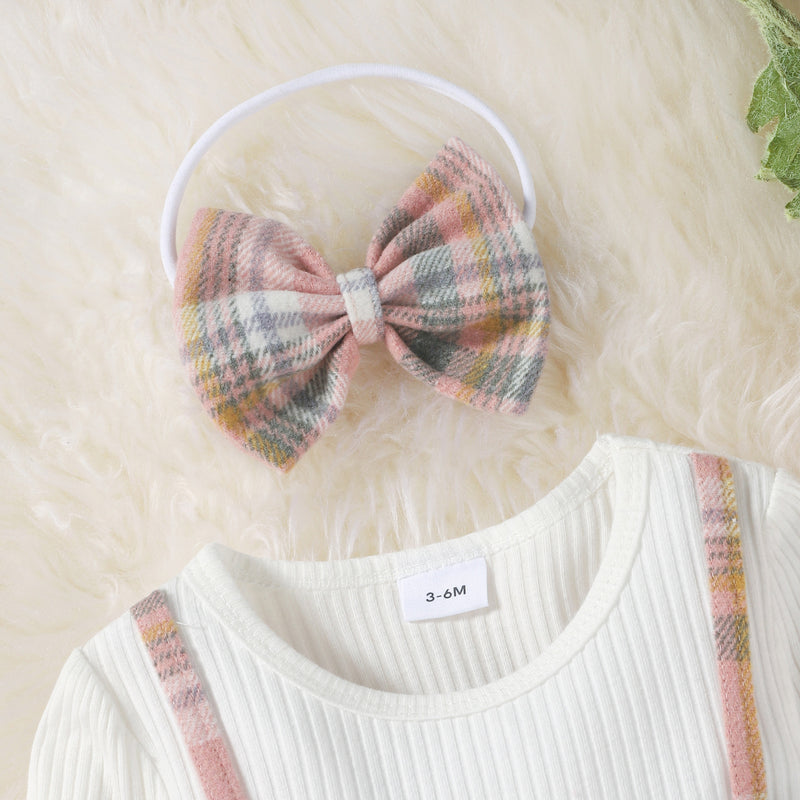 Toddler Kids Girls Plaid Bow Fake Two Pieces Dress Hairband Set - PrettyKid