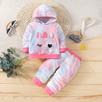 Toddler Girls Cute Cartoon Tie-dye Long-sleeved Hooded Two-piece Suit - PrettyKid