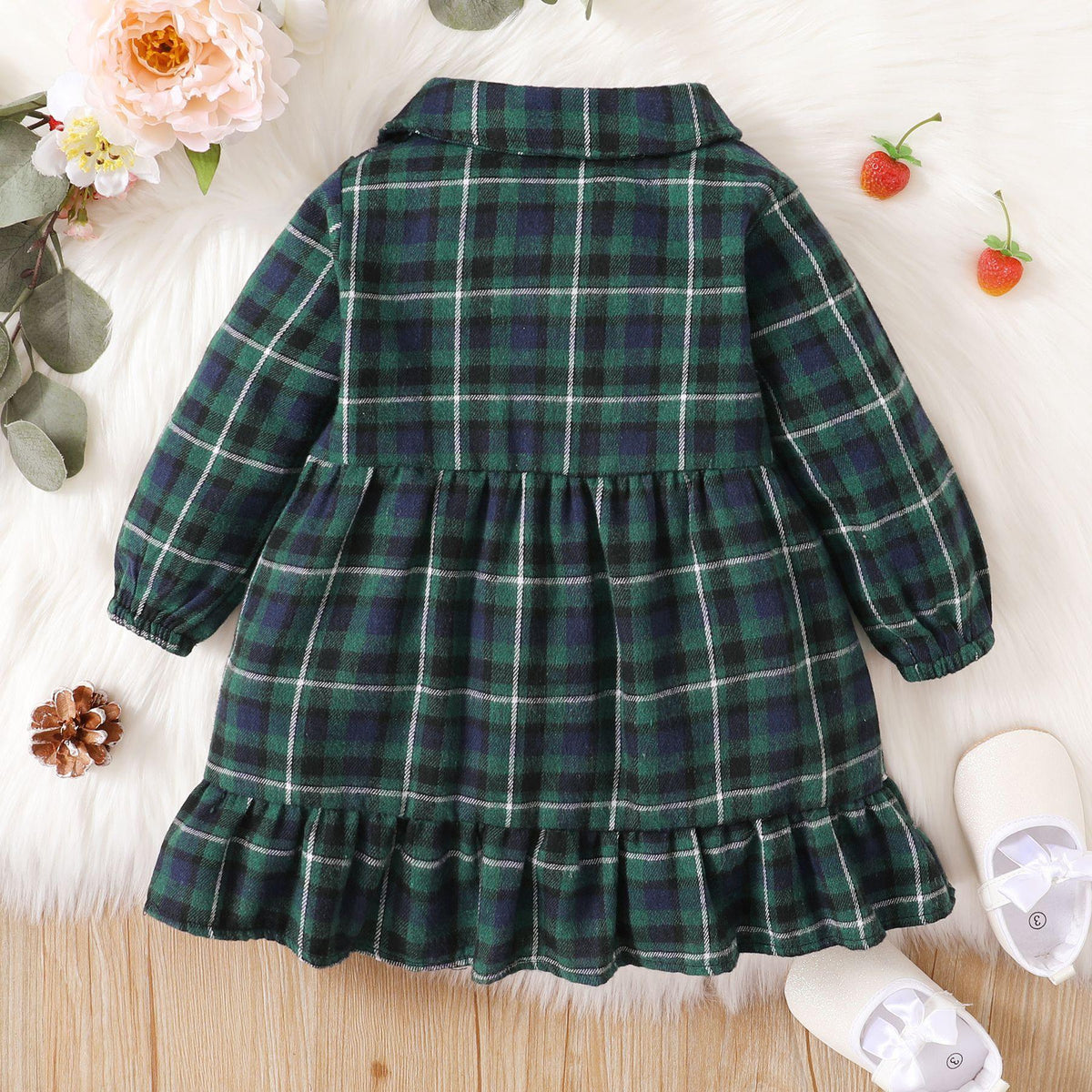 Toddler Girls Plaid Printed Long Sleeve Ruffle Dress - PrettyKid