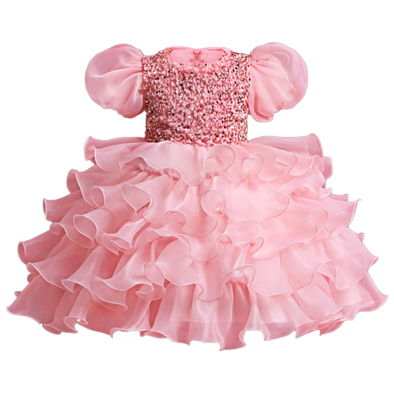 New Bubble Sleeve Children's Dress Girl Birthday Flower Girl Sequin Dance Performance Dress Princess Dress + Headband - PrettyKid