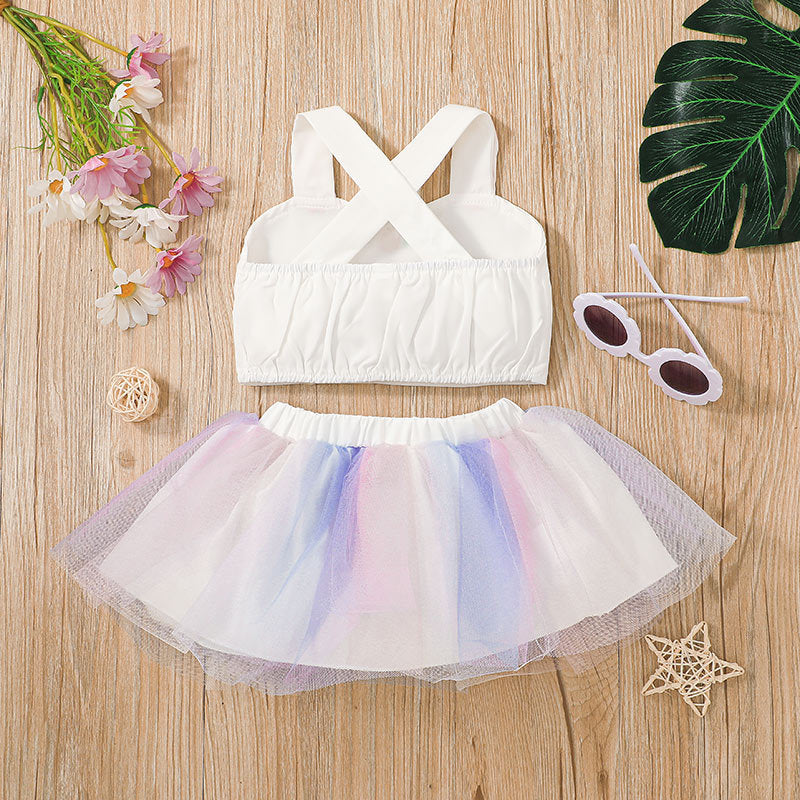 Toddler Girl Solid Colour Cute Printed Camisole Top Rainbow Mesh Skirt Set - PrettyKid